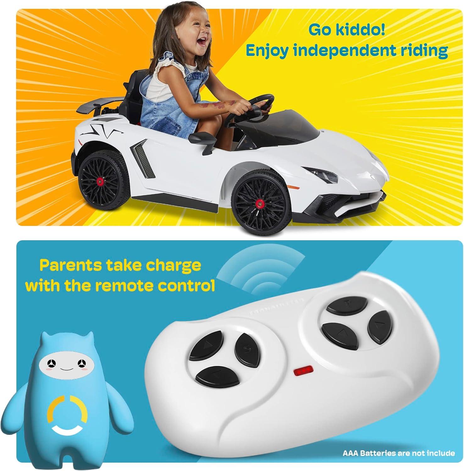 Kidzone Kids Electric Ride On 12V Licensed Lamborghini Aventador SV Battery Powered Sports Car Toy W/ 2 Speeds, Parent Control, Sound System, LED Headlights & Hydraulic Doors, Black
