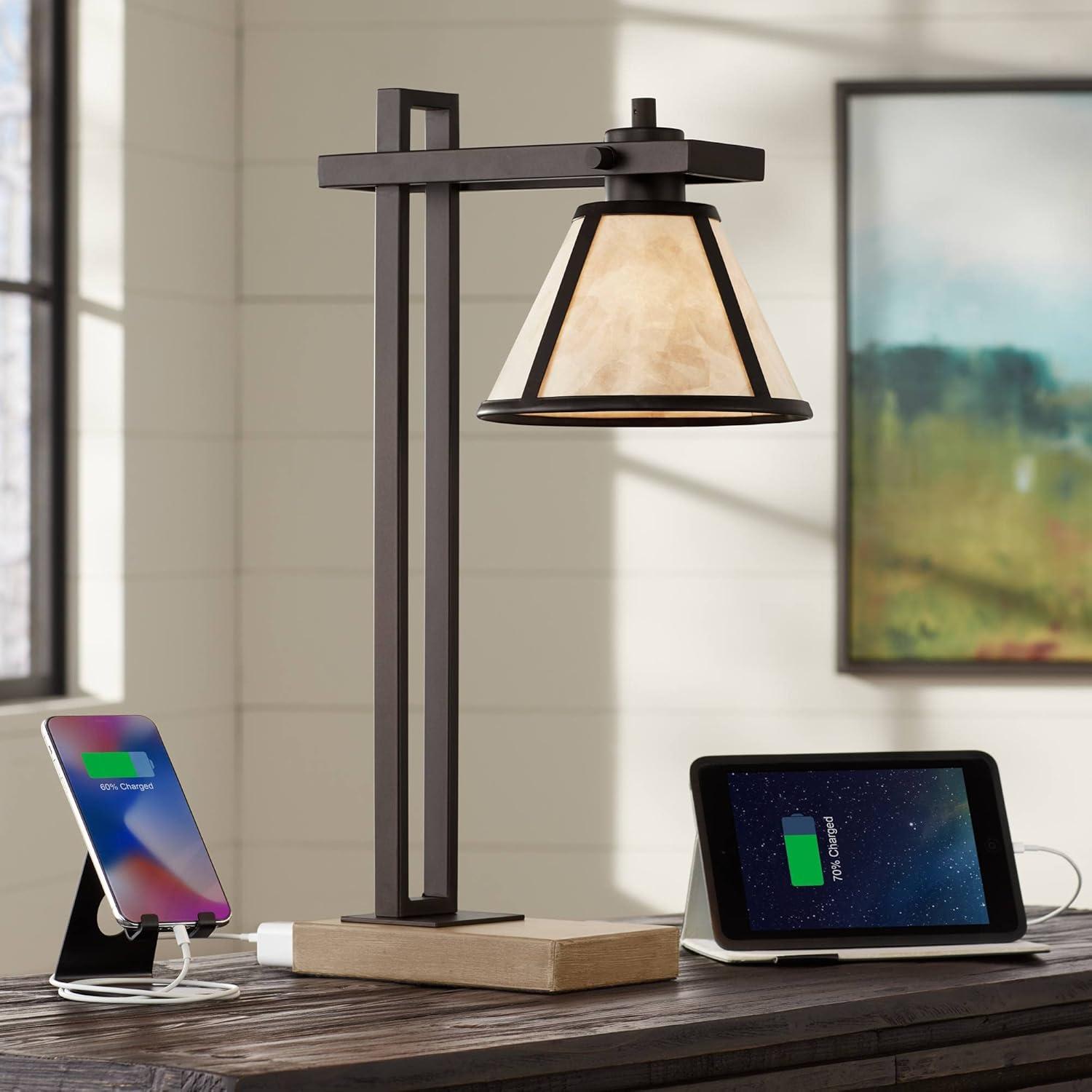 Franklin Iron Works Maricopa Rustic Farmhouse Desk Lamp 21 1/4" High Bronze Metal with USB and AC Power Outlet Mica Shade for Bedroom Living Room Home