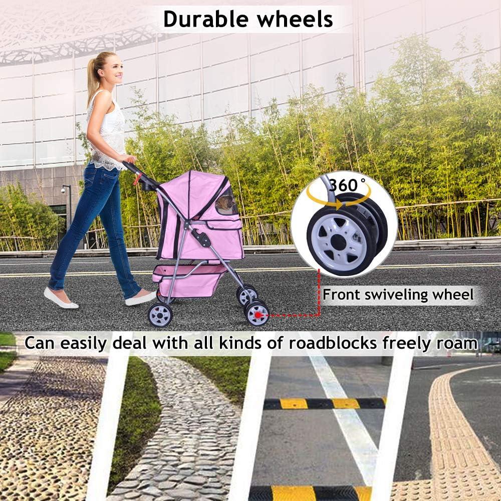 4 Wheels Pet Stroller Cat Dog Cage Stroller Travel Folding Carrier with Cup Holders and Removable Liner for Small-Medium Dog, Cat (Pink)