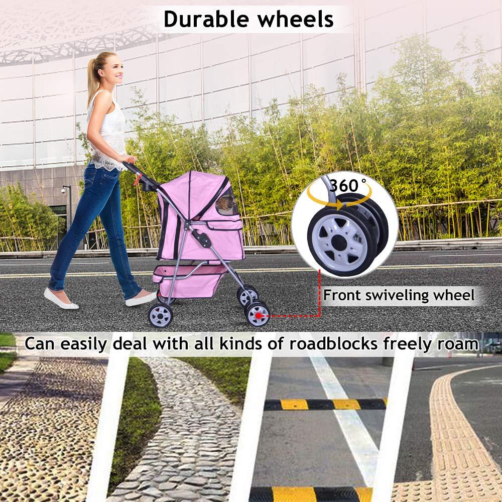 4 Wheels Pet Stroller Cat Dog Cage Stroller Travel Folding Carrier with Cup Holders and Removable Liner for Small-Medium Dog, Cat (Pink)