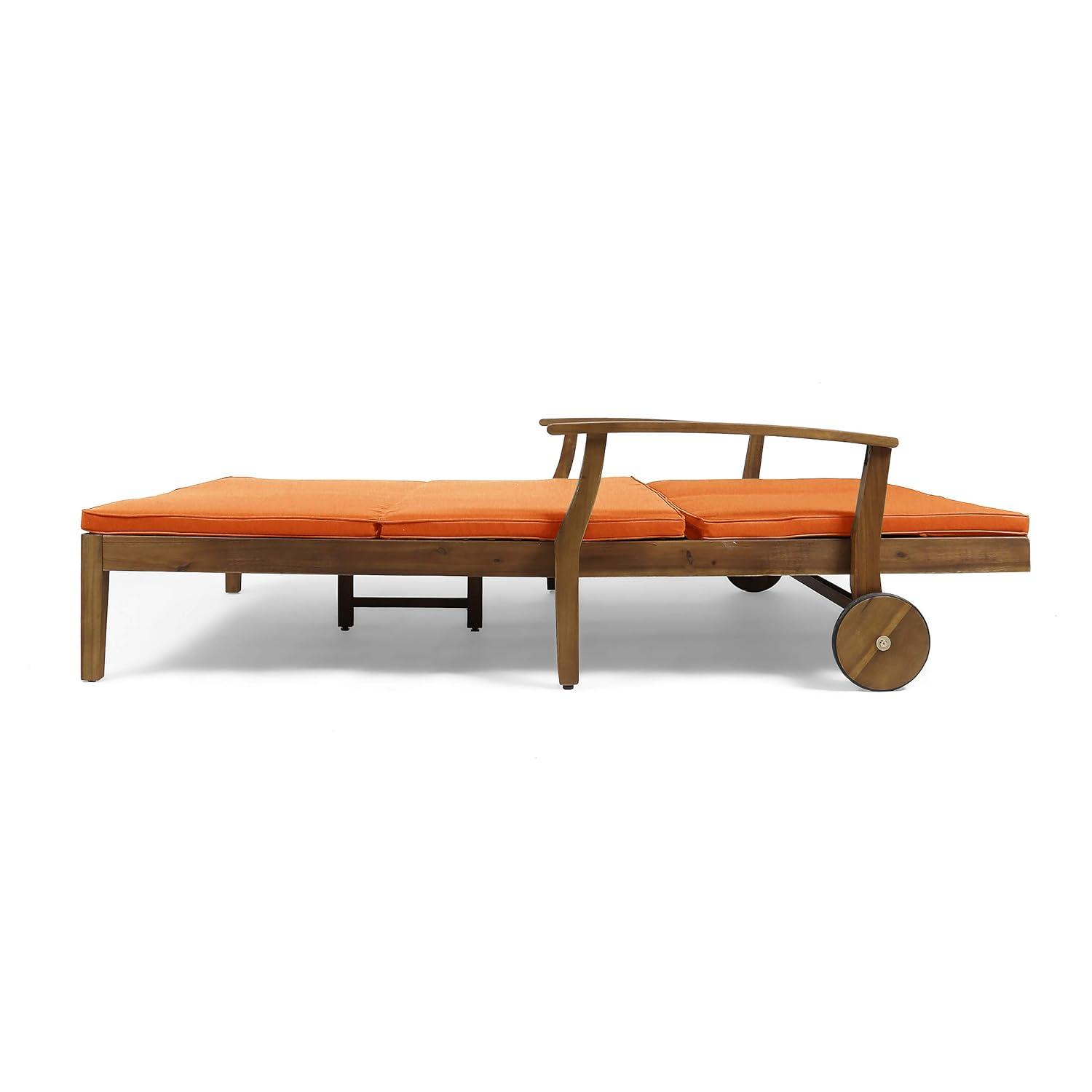GDFStudio Abena Outdoor Acacia Wood Double Adjustable Chaise Lounge with Cushions, Teak/Orange