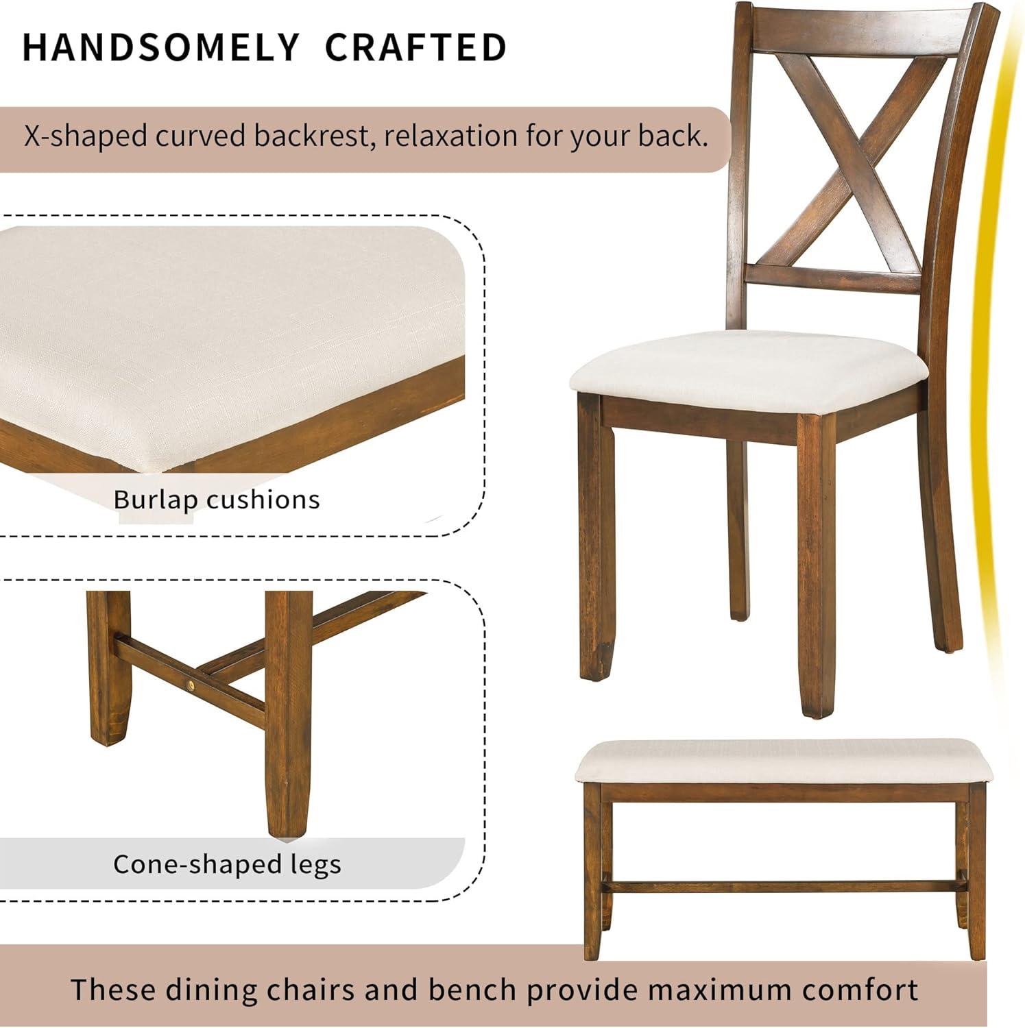 Dining Table Set for 6, 6 Piece Wood Kitchen Table Set, Dining Table and Chairs Set, Home Furniture Table Set with Chairs & Bench, Natural Wood Wash