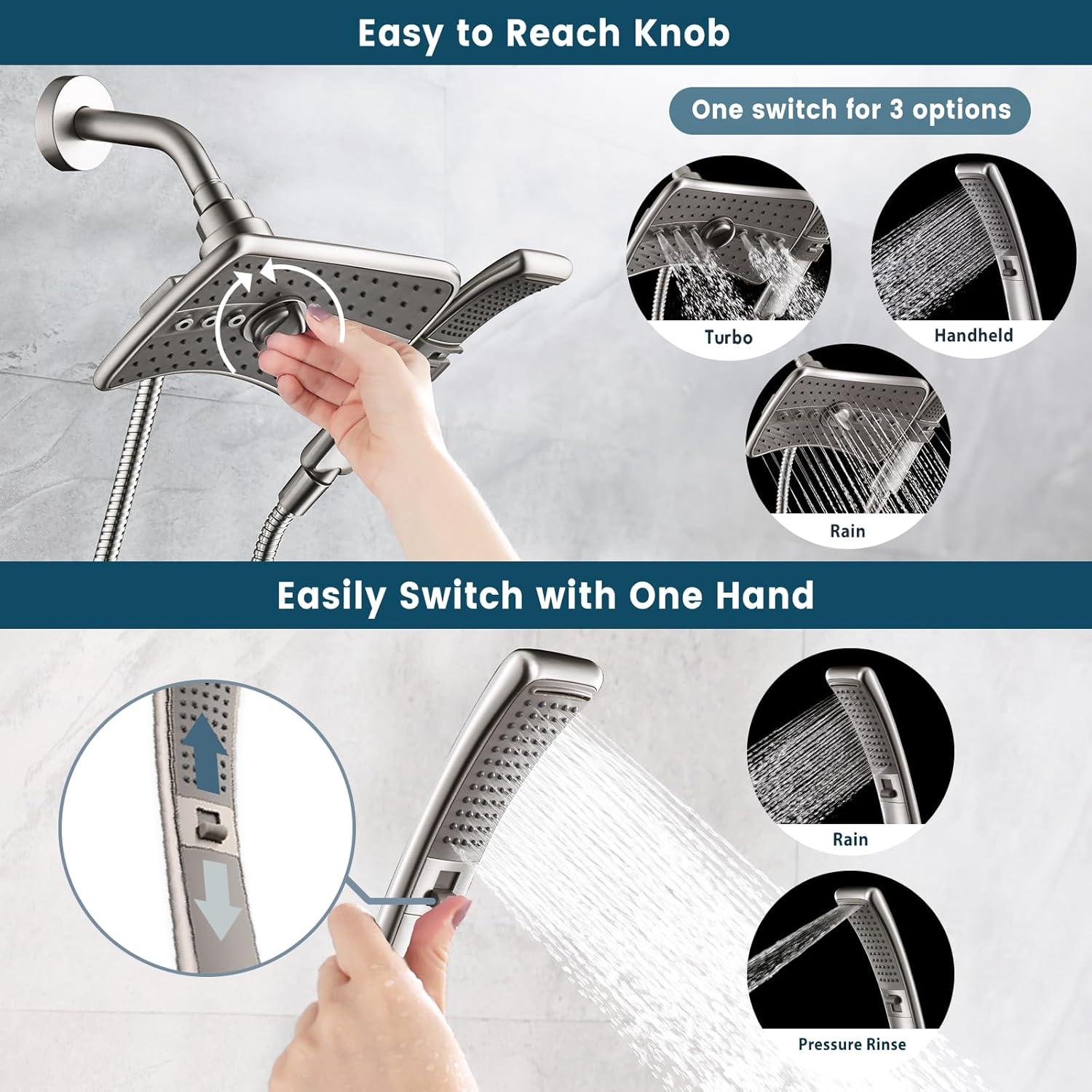 Bright Showers Dual Shower Head Combo, Handheld Showerhead Rainfall Shower Set with 60 inch Long Stainless Steel Shower Hose, Brushed Nickel