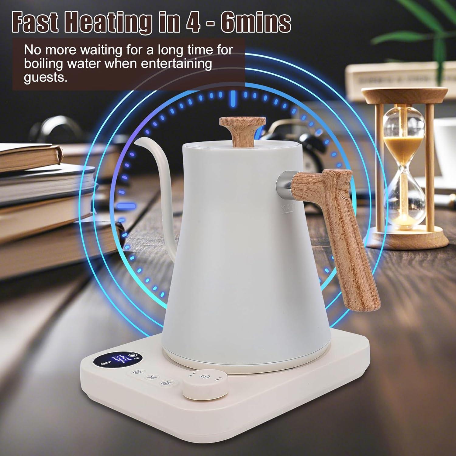 White Electric Gooseneck Kettle with Bamboo Handle and LCD Display