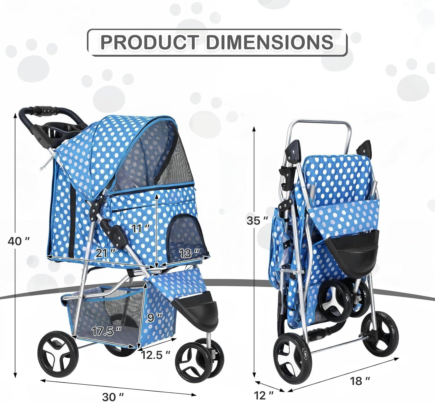 Magshion Foldable Pet Dog and Cat Stroller with Adjustable Canopy Storage Basket and Cup Holder for Small and Medium Pets