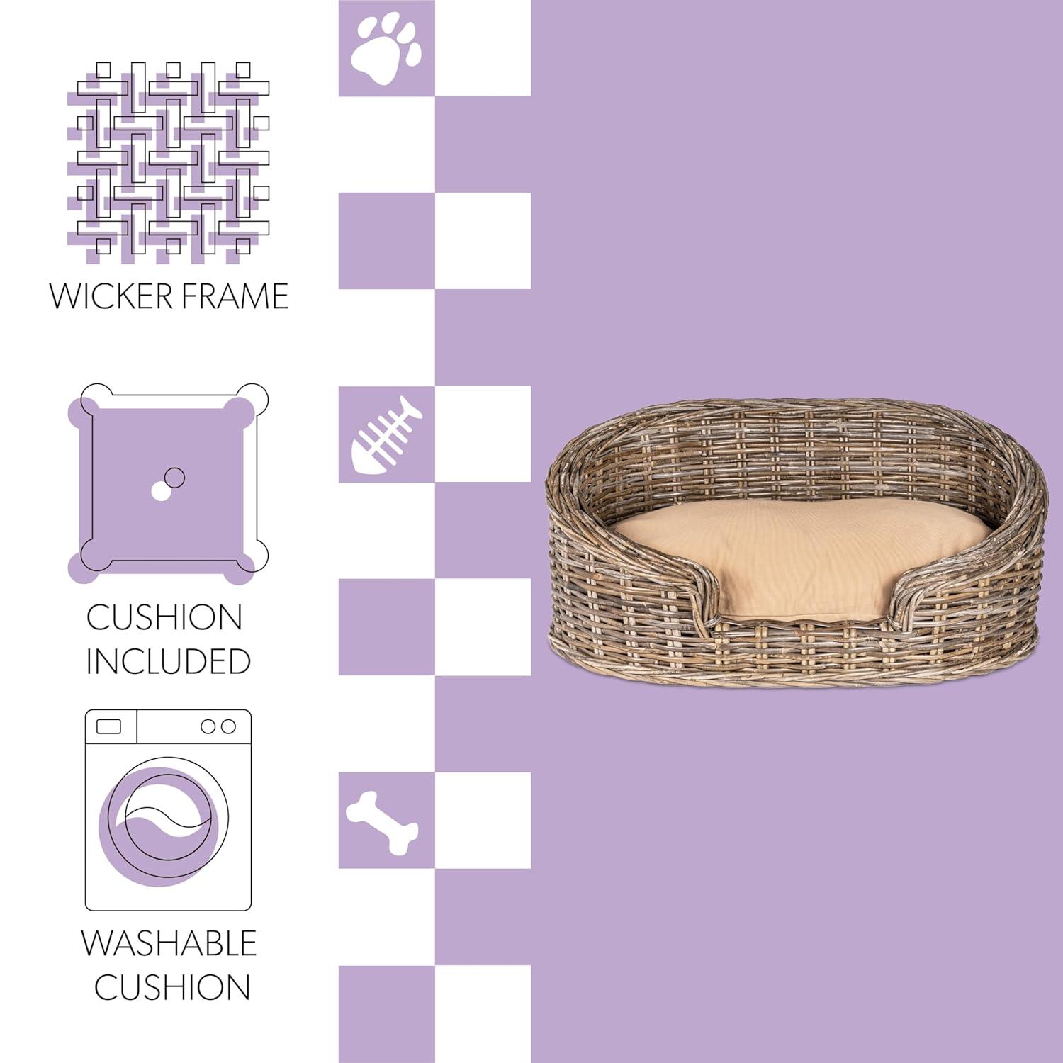 Elevated 27.5" x 17" Bohemian Handwoven Rattan Dog Daybed with Machine-Washable Cushion, Natural