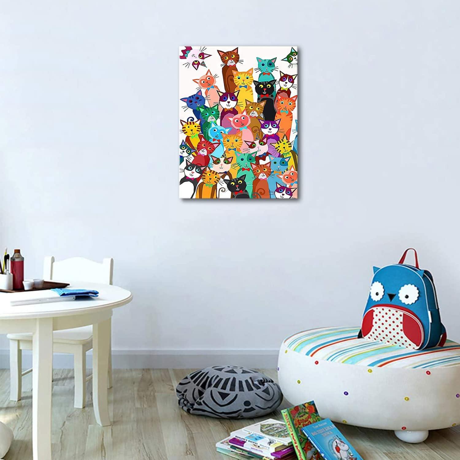 Framed Funny Colorful Cat Wall Art Cartoon Cat Canvas Print Cute Kitten Picture Poster Animals Painting Wall Decor for Bathroom Kid's Bedroom Nursery 12x16Inches