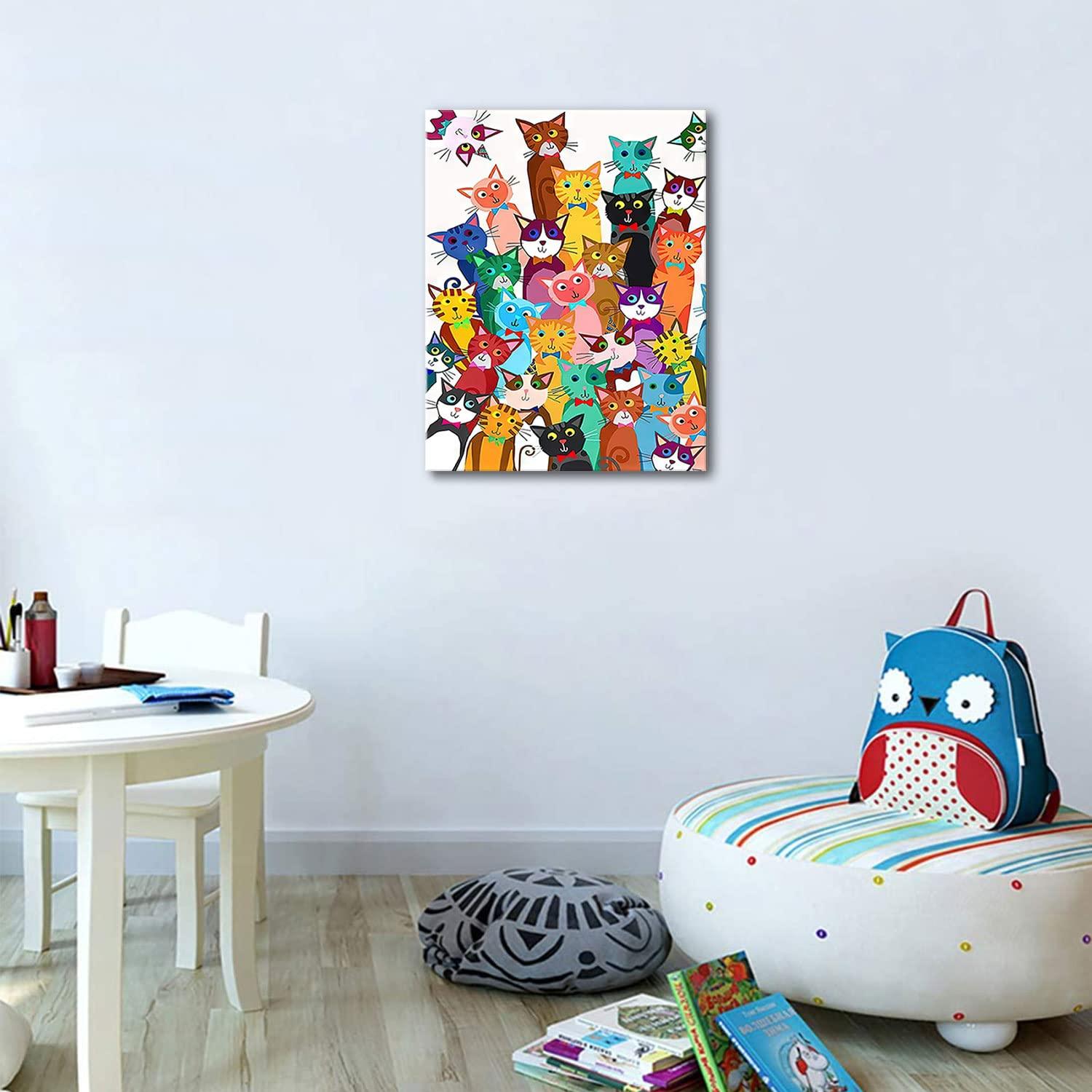 Framed Funny Colorful Cat Wall Art Cartoon Cat Canvas Print Cute Kitten Picture Poster Animals Painting Wall Decor for Bathroom Kid's Bedroom Nursery 12x16Inches