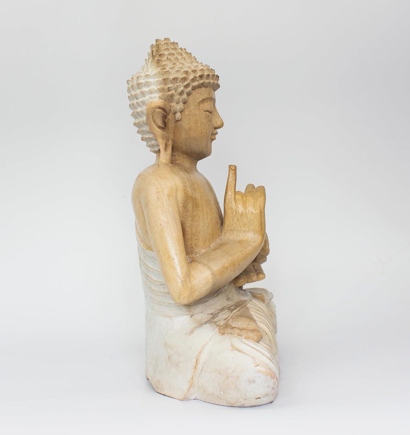 12" Whitewashed Wooden Meditating Buddha Statue in Suar Wood