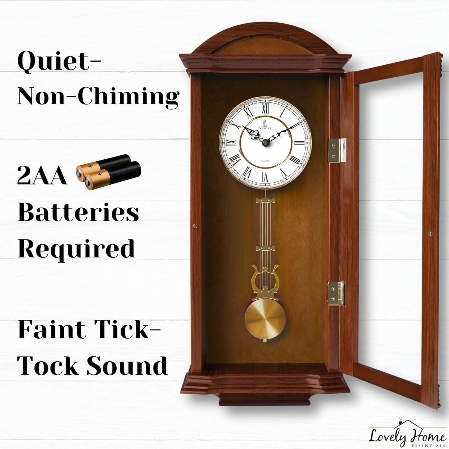Pendulum Wall Clock Battery Operated - Large, Wooden Hanging Grandfather Wall Clock with Pendulum, 27x11 - Quiet, Made with Real Wood for Living Room Decor, Office & Home Décor Gift