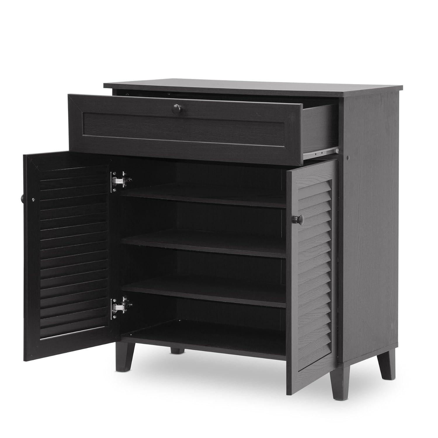 Calvin Shoe - Storage Cabinet - Espresso - Baxton Studio: Modern Organizer with 4 Shelves & Drawer