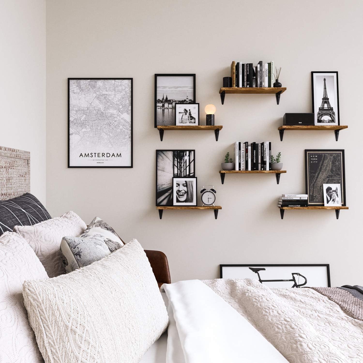 Set of 6 Burned Wood Floating Wall Shelves