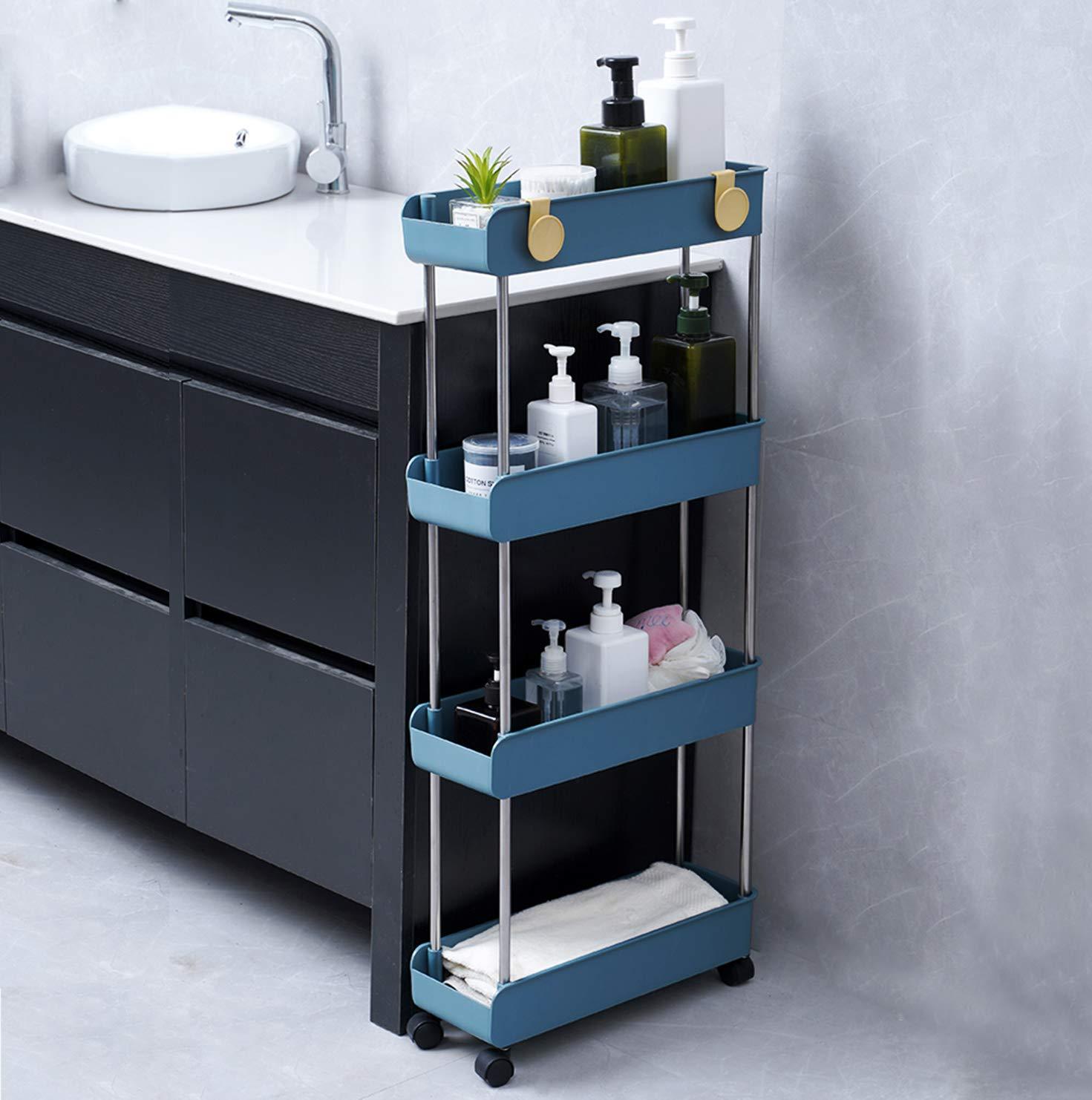 Melody House 4-Tier Slim Storage Cart, Navy Blue, Easy to Install, Durable Plastic and Stainless Steel Shelving Unit, Ideal for Small Spaces