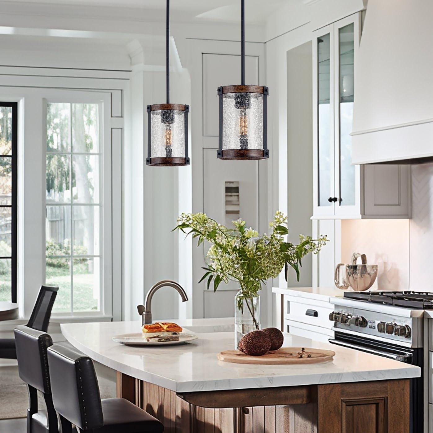 Kira Home Hadley 9" Modern Farmhouse Pendant Light, Crackled Glass Shade, Textured Black + Wood Style Walnut Finish