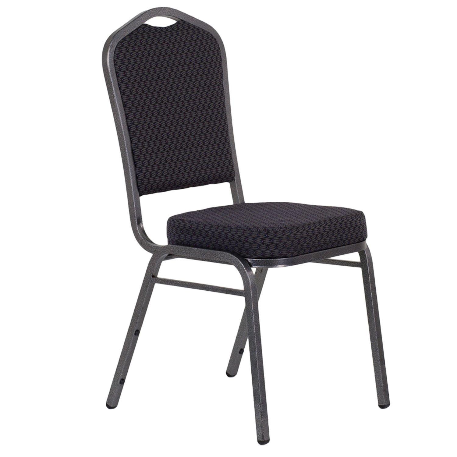 BizChair 4 Pack Crown Back Stacking Banquet Chair in Black Patterned Fabric - Silver Vein Frame