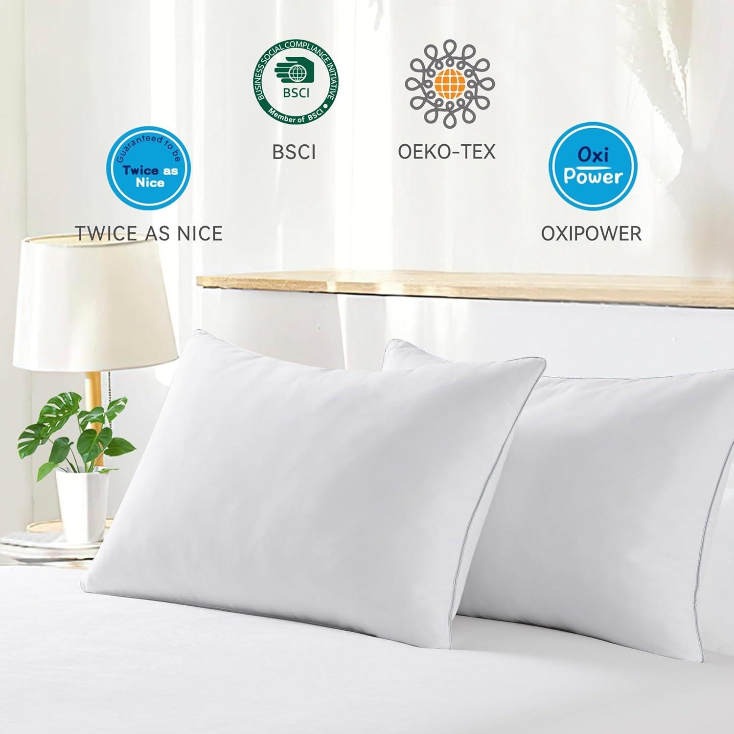 puredown® Goose Feathers Bed Pillows, 100% Cotton Cover, Queen Size Hotel Collection Pillows Set of 2 for Sleeping with Silver Piping, Feather and Polyester Filling