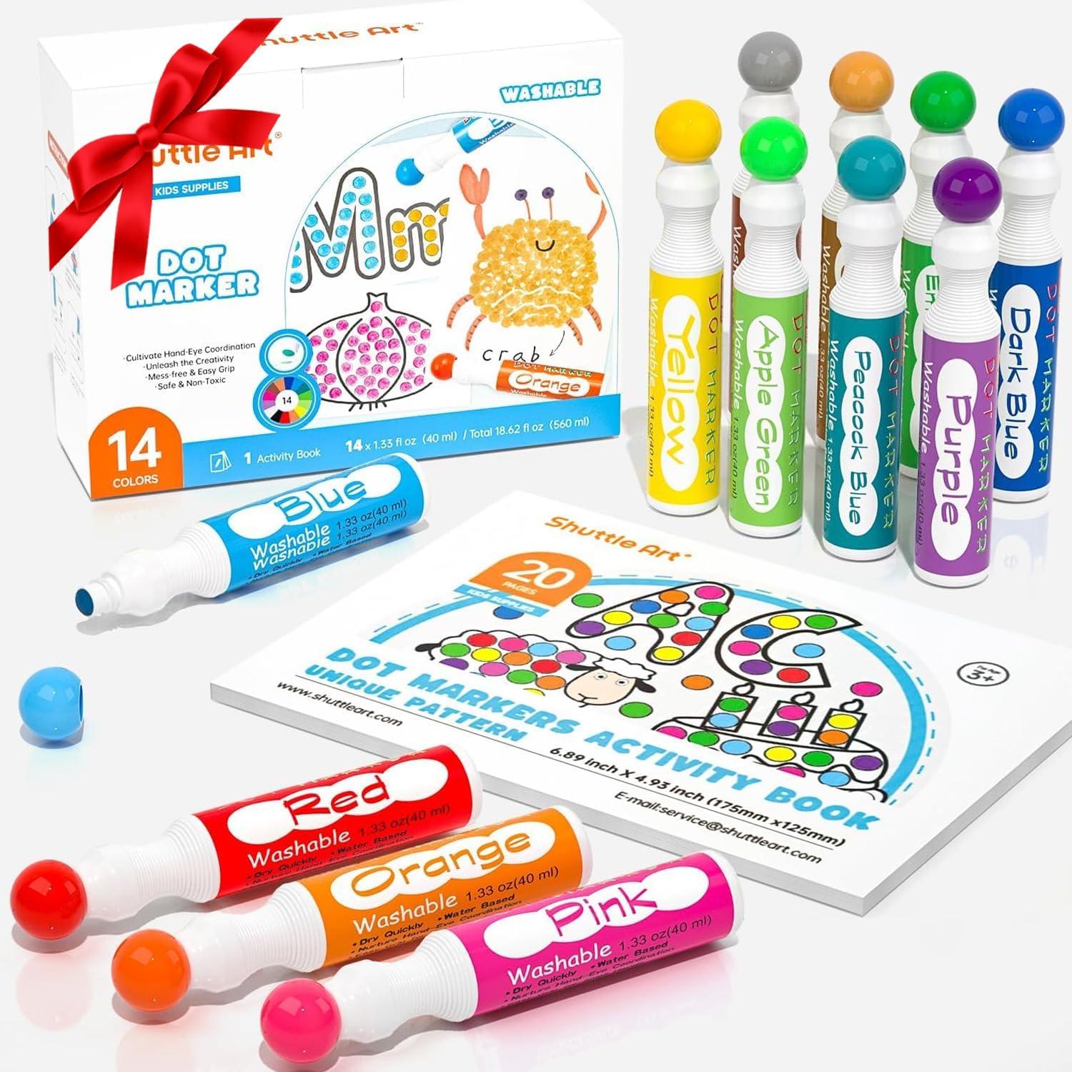 Shuttle Art Dot Markers, 14 Colors Bingo Daubers with 20 Unique Patterns of Dot Book for Art Activities, Non-Toxic Washable Coloring Markers