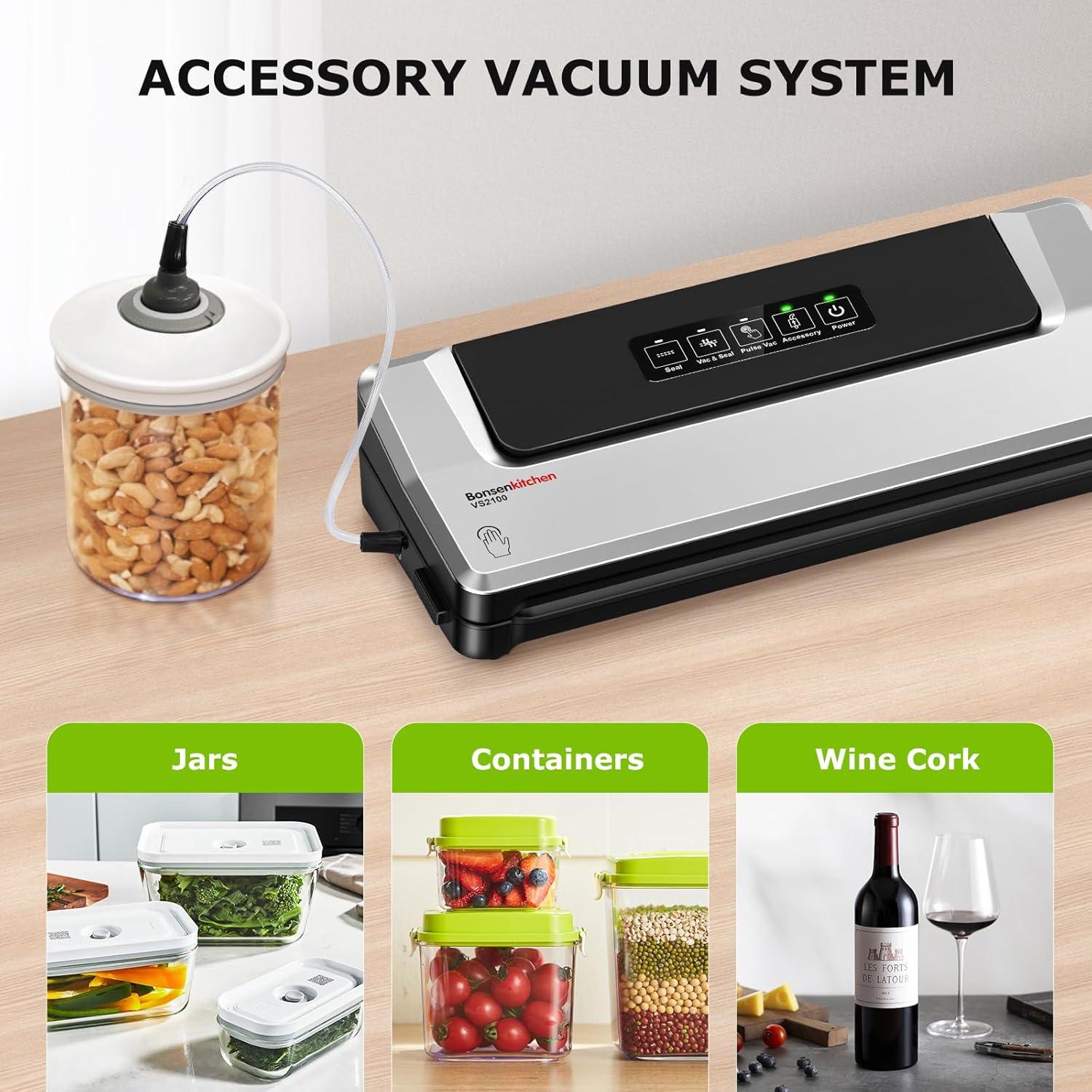 Bonsenkitchen Multi-Functional Food Vacuum Sealer with Globefish Technology for High-Speed Continuous Working, Vacuum Bags & Accessory Hose, Black
