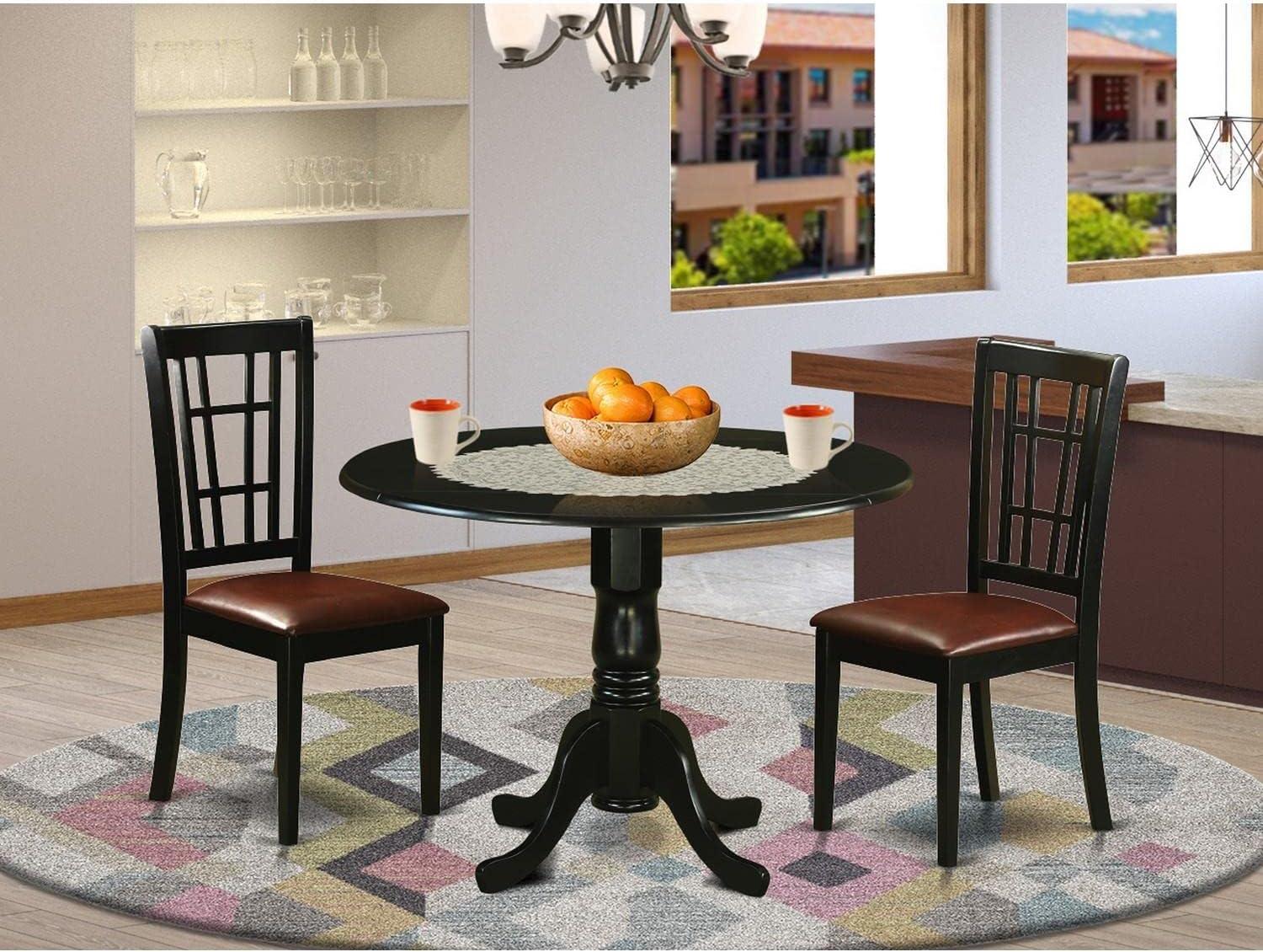 Black Round Dining Table Set with Upholstered Chairs, 3-Piece