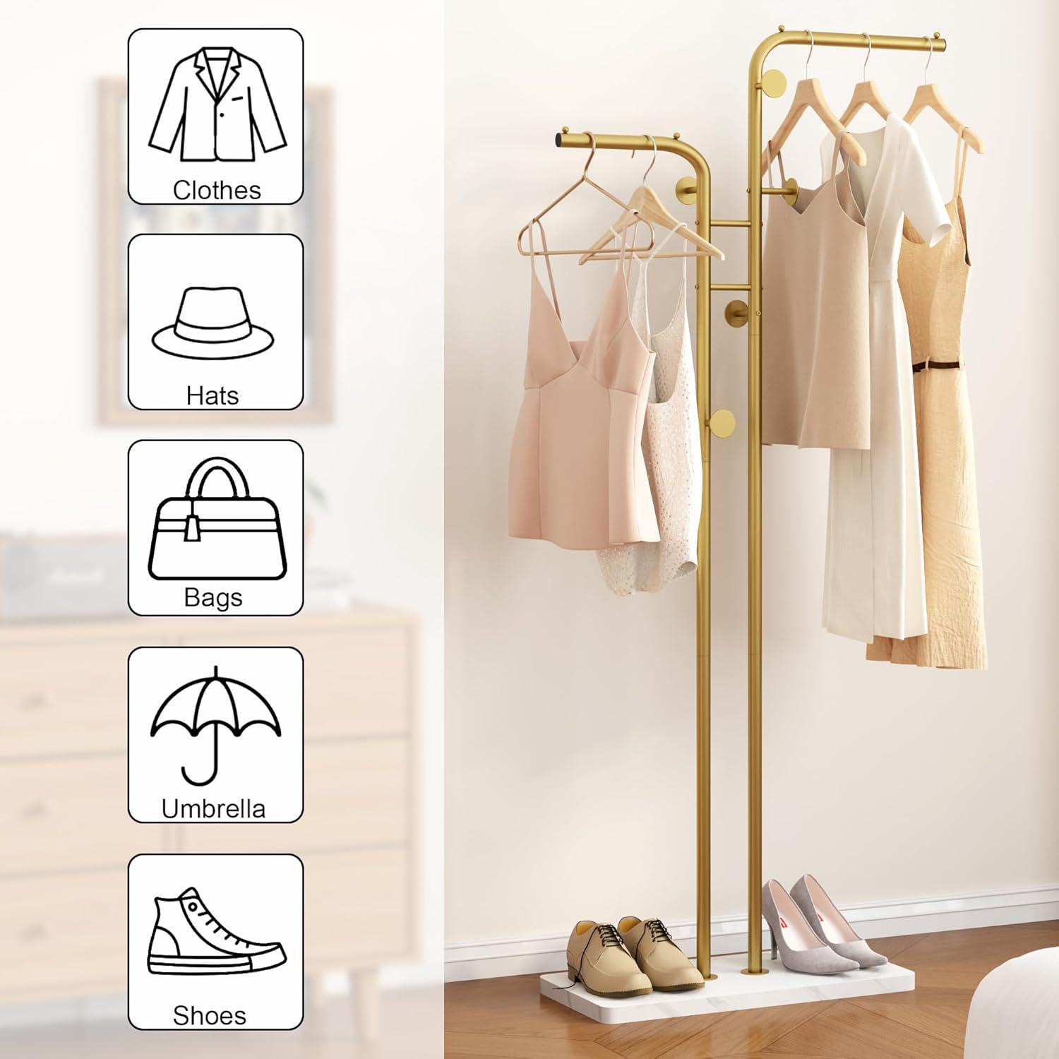 HOMEFORT Coat Rack, Freestanding Metal Coat Racks, Double-pole Clothes Hat Stand with 5 Hooks for Closet, Bedroom, Entryway, Living Room, Gold