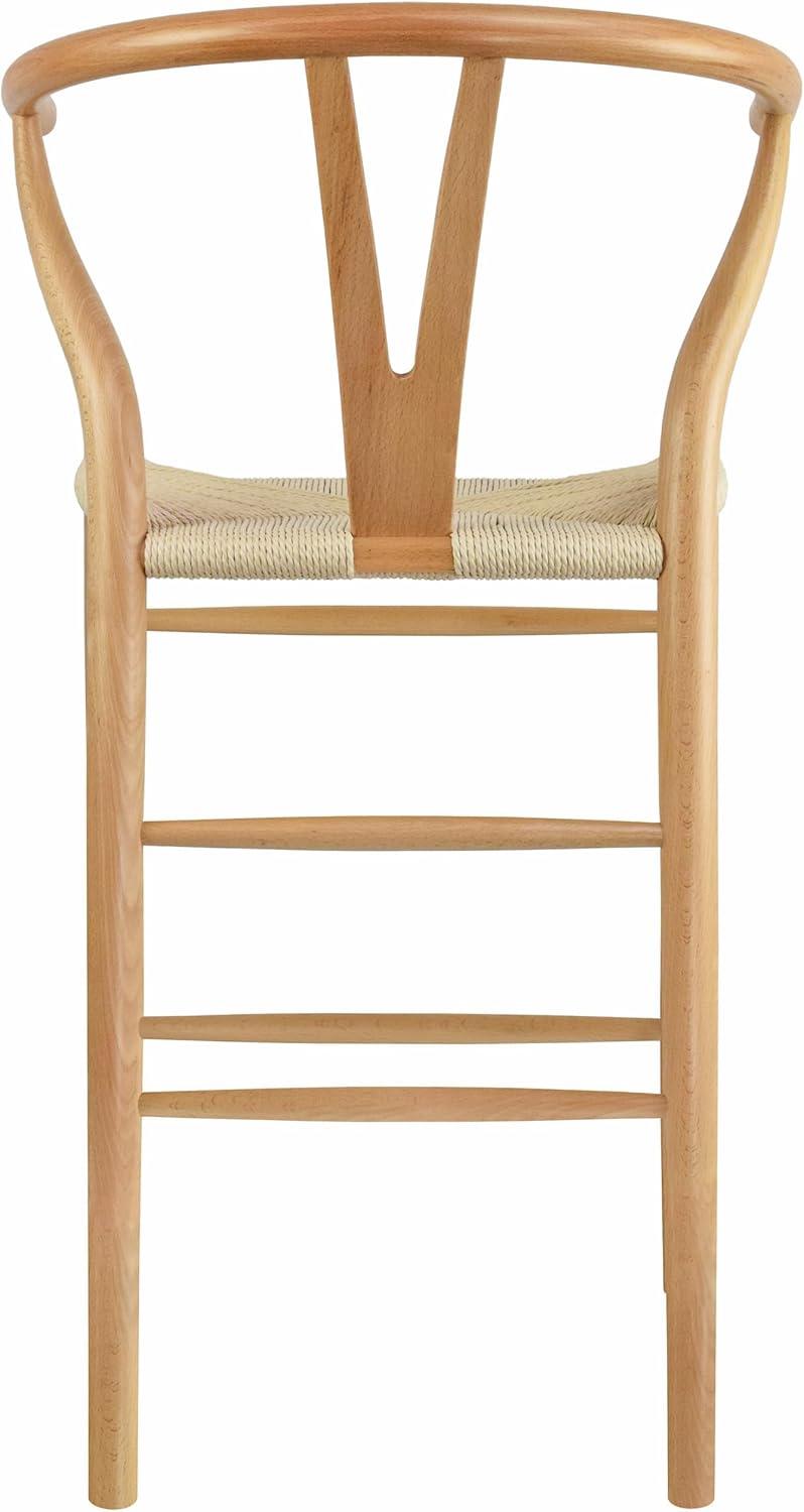 Natural Wood Wishbone Counter Height Bar Stool with Woven Seat