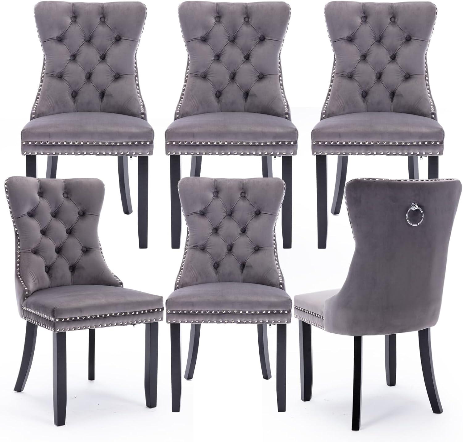 ODUSE-DAILY Grey Velvet Dining Chairs Set of 6, Kitchen & Dining Room Chairs, Sillas De Comedor, Nailheads Tufted, Fabric Upholstered, Solid Wood Frame (Gray, 6 Pcs)