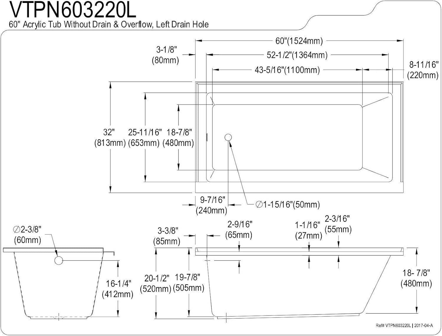 Kingston Brass Aqua Eden 60-Inch Acrylic Rectangular Drop-In Tub