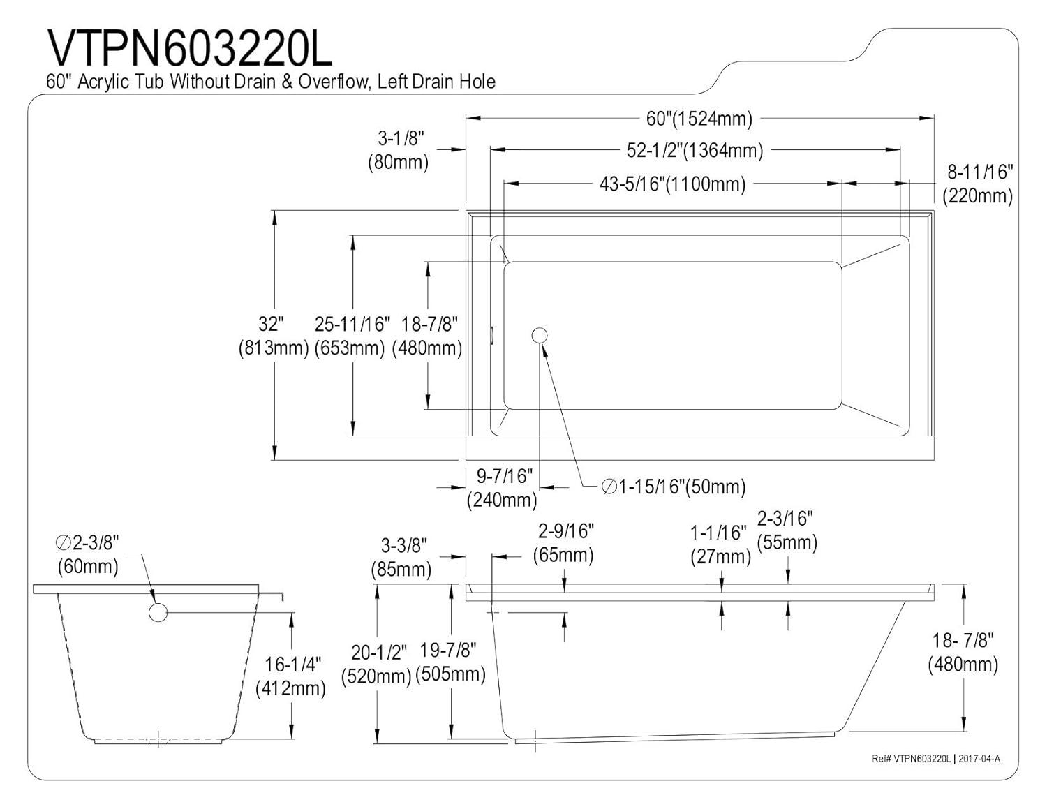 Kingston Brass Aqua Eden 60-Inch Acrylic Rectangular Drop-In Tub