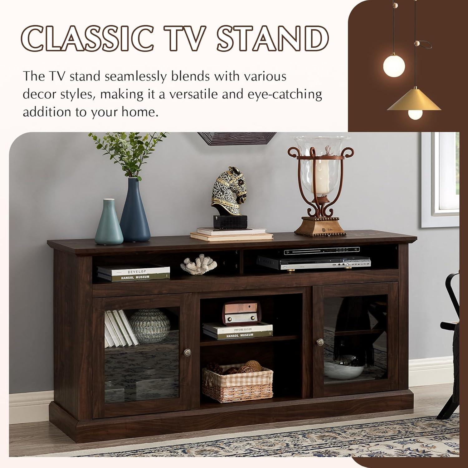 LETESA Traditional Classic Media TV Stand for TV up to 65”, Retro Wooden TV Console with Open and Closed Storage Cabinets for Bedroom, Living Room, Corridor (Brown)