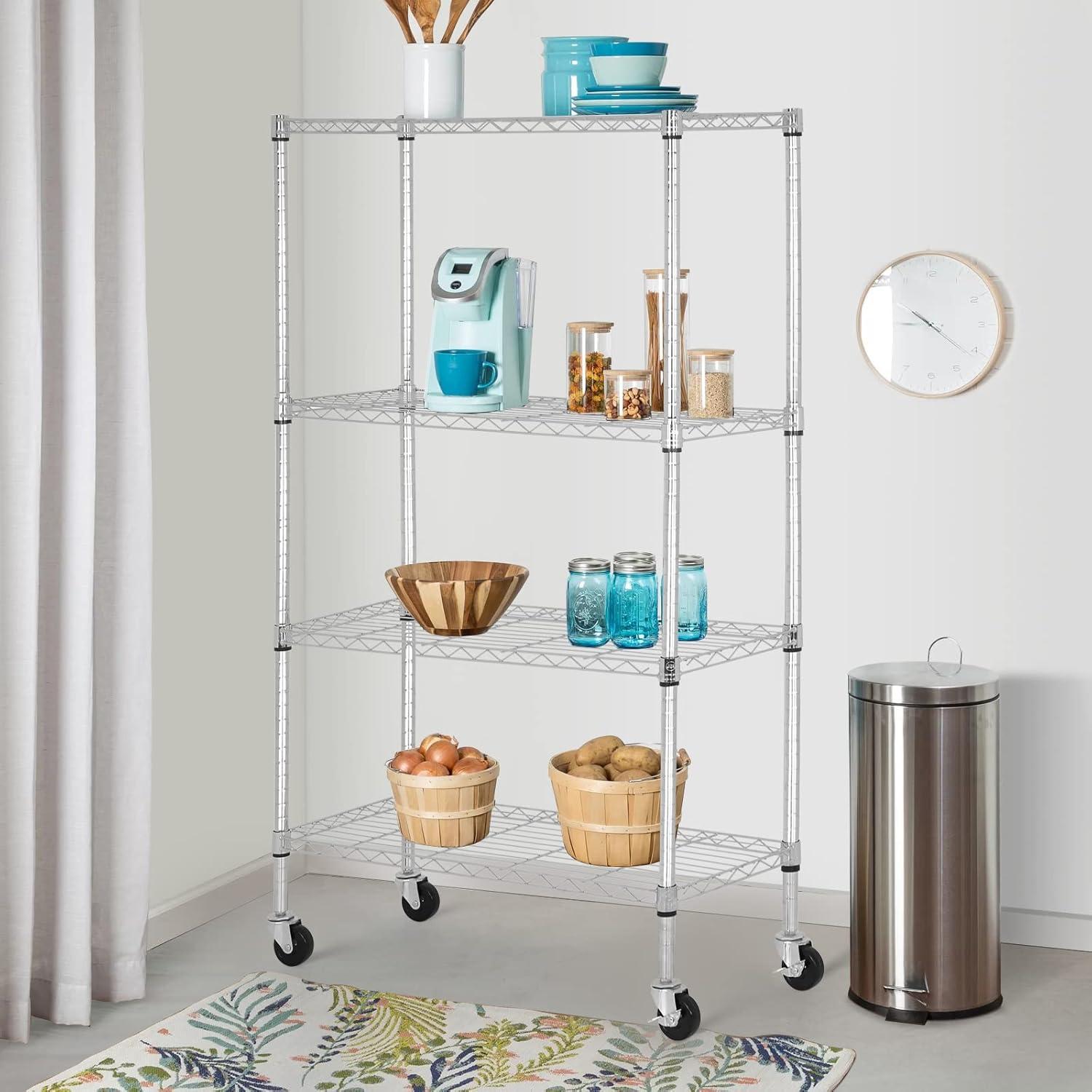 Killeryuki Chrome Storage Shelves, 4-Tier Wire Shelving with Wheels Adjustable Storage Shelves 500lbs Capacity Metal Shelf 36L x 14W x 62H for Office Garage Kitchen Basement Bedroom