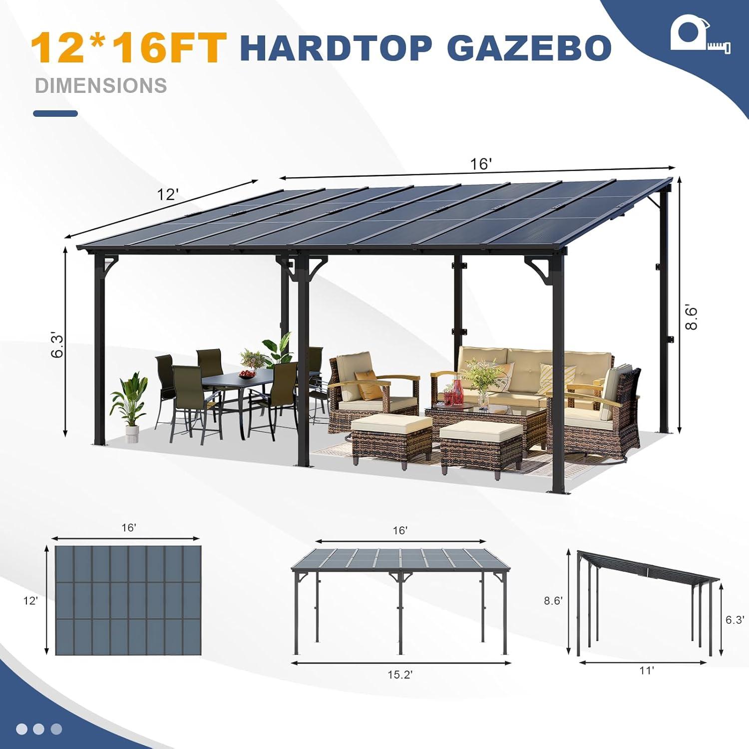 MEISSALIVVE Gazebo, Wall Mounted Gazebo, Lean To Metal Awnings Gazebos, Gazebo Pergola With Sloped Roof, Outdoor Patio Gazebo Awning For Backyard, Deck