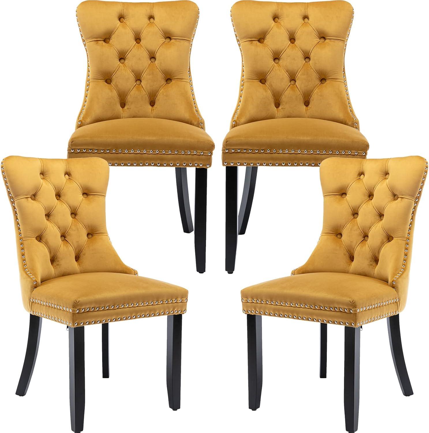 ODUSE-DAILY Yellow Velvet Dining Chairs Set of 4, Kitchen & Dining Room Chairs, Sillas De Comedor, Nailheads Tufted, Fabric Upholstered, Solid Wood (Gold, 4 Pcs)