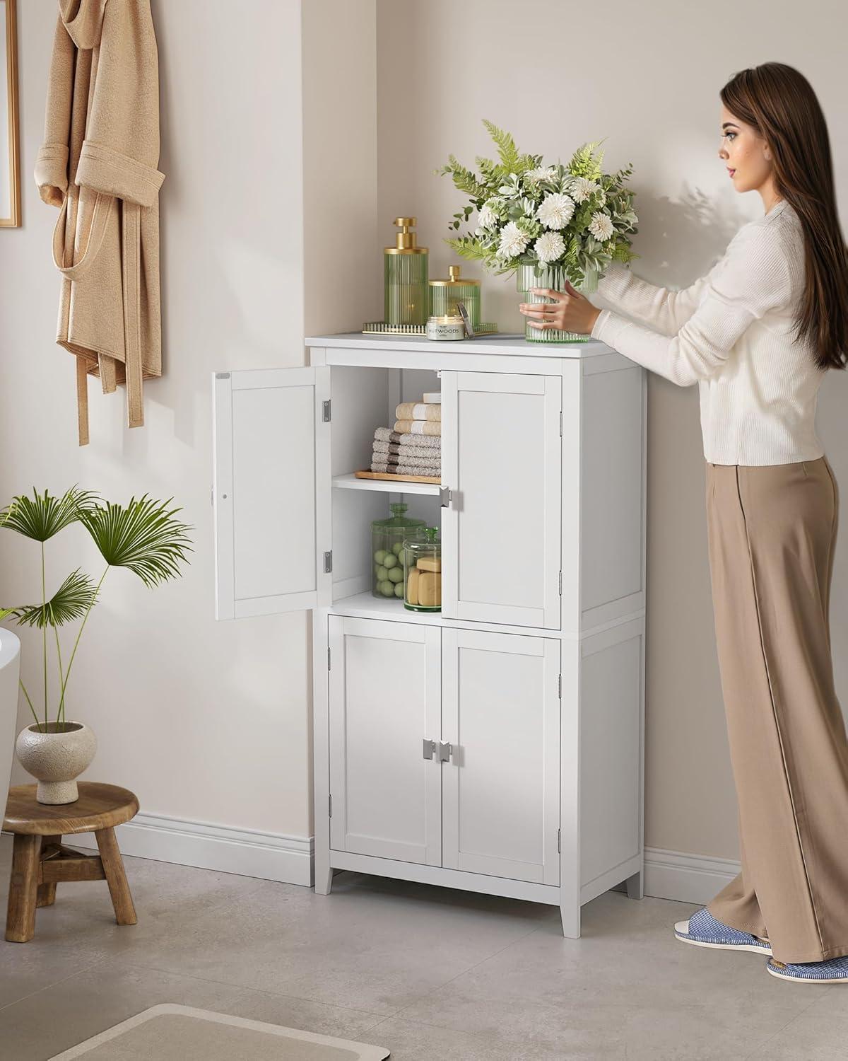 VASAGLE Bathroom Floor Storage Cabinet, Bathroom Storage Unit, Freestanding Cabinet with 4 Doors, Adjustable Shelves, 11.8 x 23.6 x 43.3 Inches, White UBBC552P31