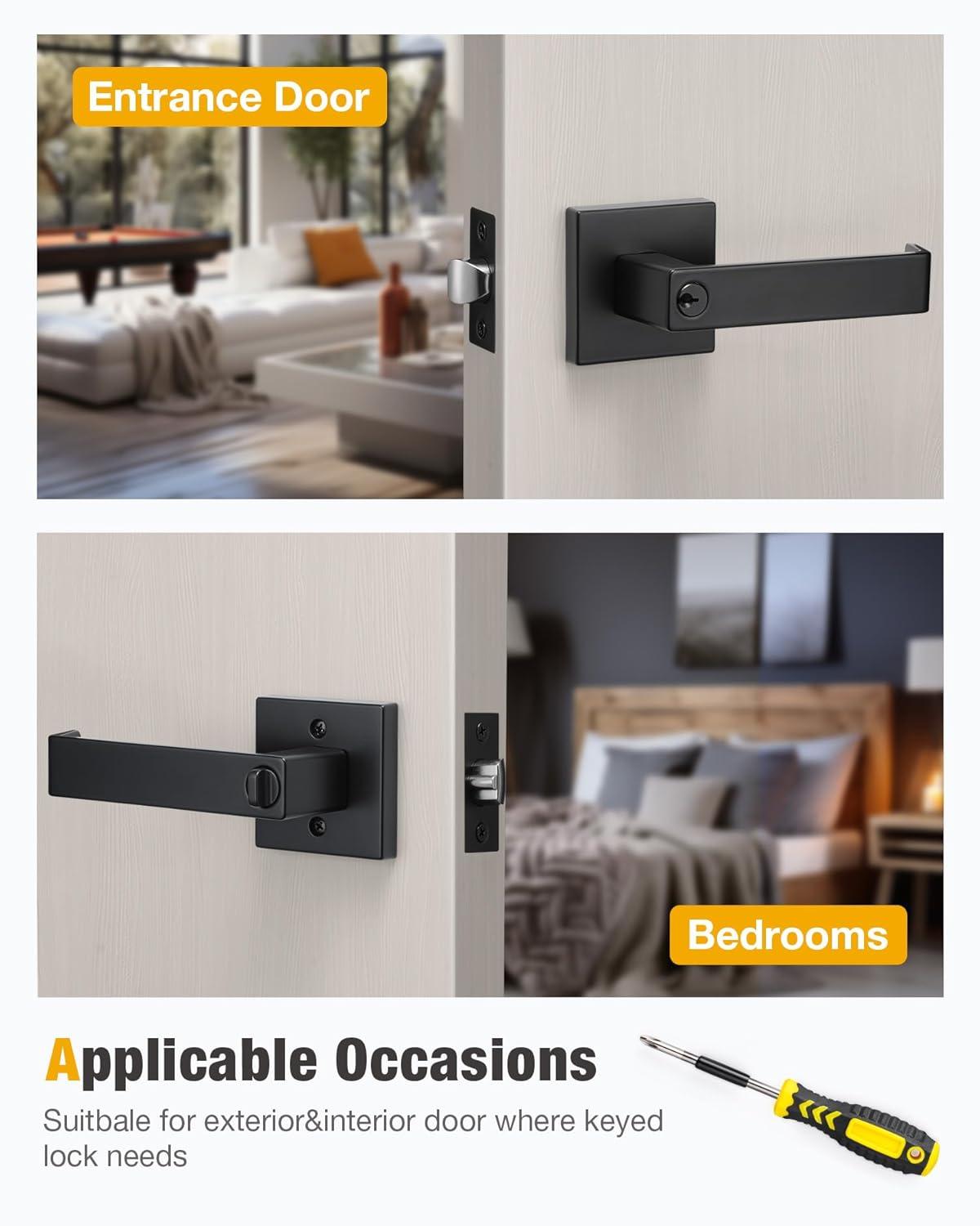 Front Door Handle and Deadbolt Set, Matte Black Exterior Door Lock Set with Deadbolt, Front Door Handles and Locks (2 Pack)