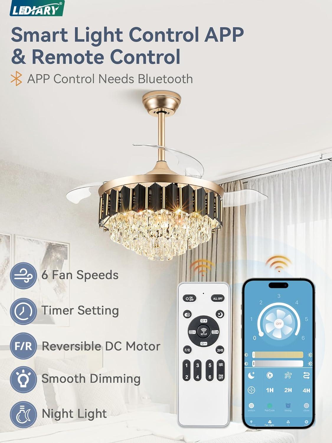 HOOMEDELIER 42" Chandelier Ceiling Fan with Remote, Crystal Beads Framed Fan with 4 Retractable Blades Smart Indoor Fandelier Fan