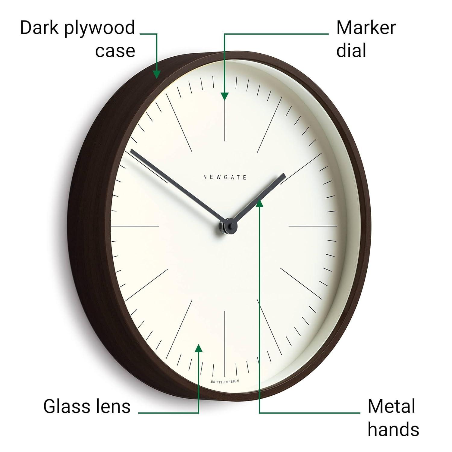 NEWGATE® Mr Clarke | Modern Minimalist | A Small Scandi Inspired Wall Clock with a Modern Plywood Case for Home Living/Dining Room or Office 11 inch (Dark Plywood & Marker Dial)