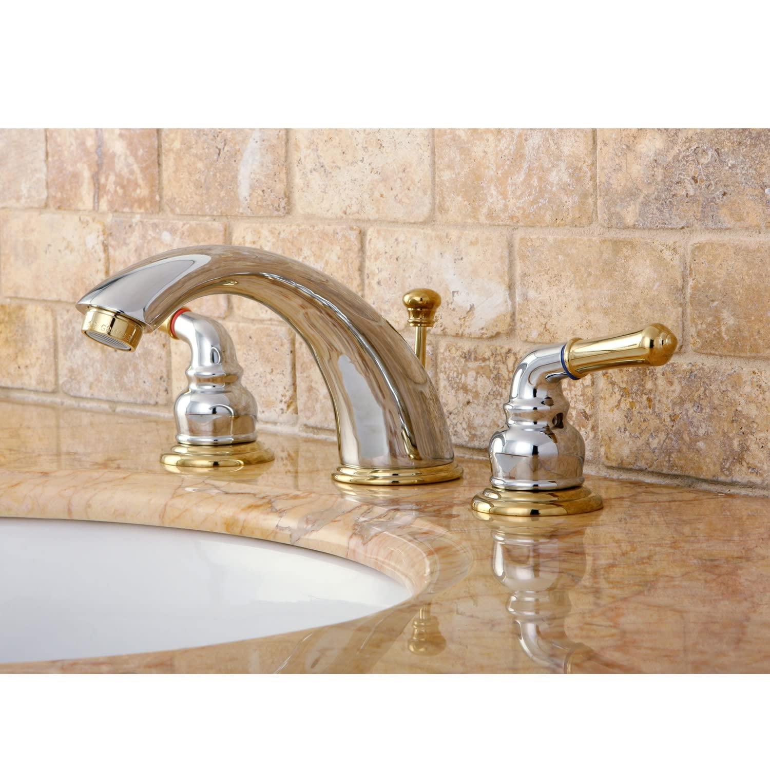 Kingston Brass KB968 Kingston Brass Magellan Two-Handle 3-Hole Deck Mount Widespread Bathroom Faucet with Retail Pop-Up Drain