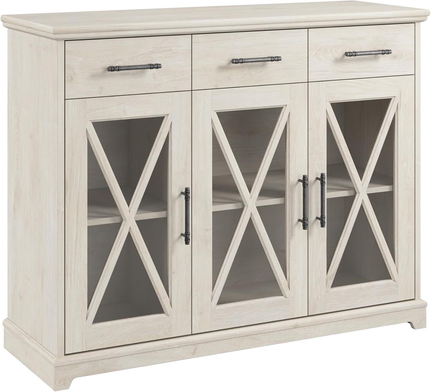 Lennox 46'' Linen White Oak Farmhouse Buffet Cabinet with Glass Doors