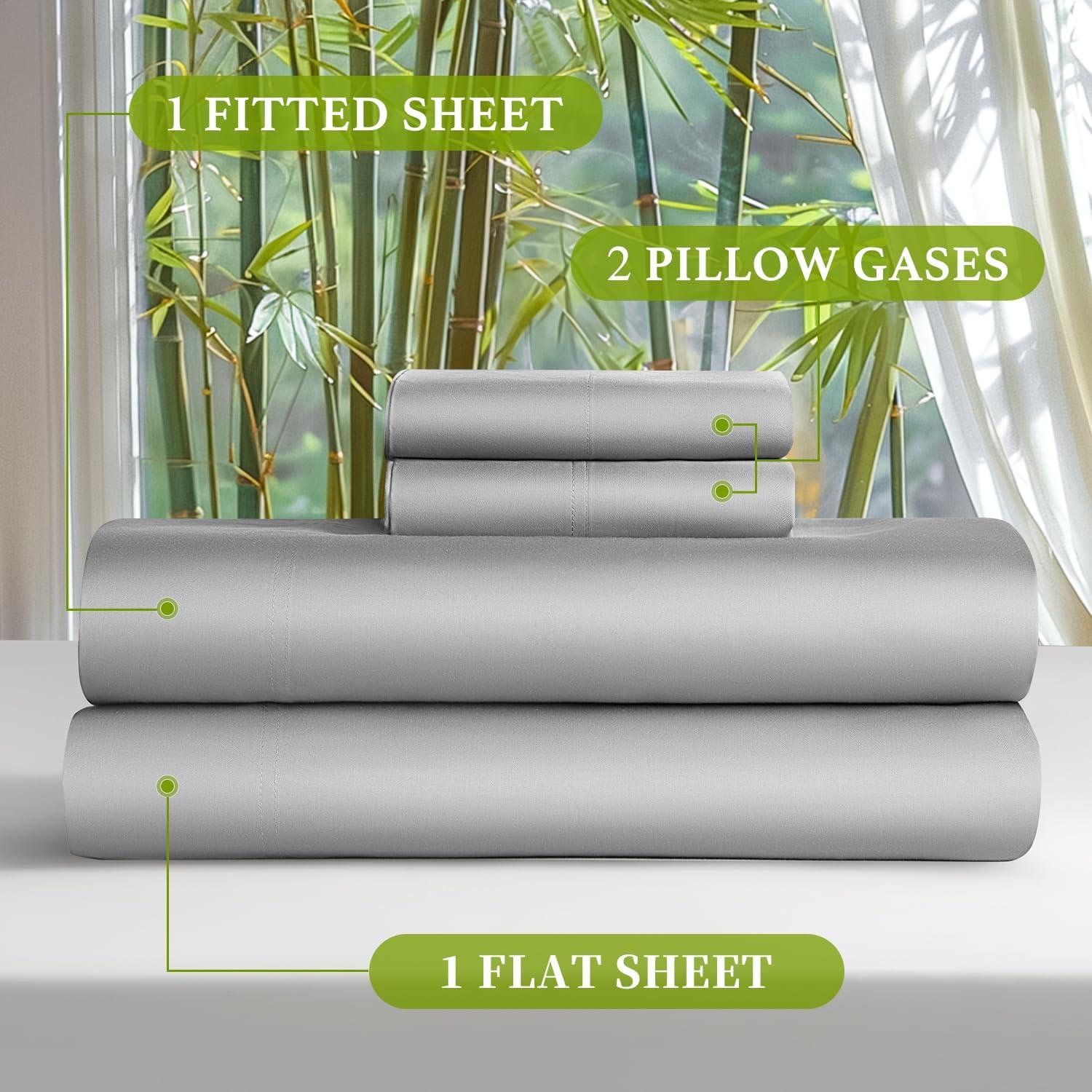 Shilucheng 100% Organic Cooling Bamboo Bed Sheets, King Sheet Sets 4 PC, 1800 Series Sheets with 16" Deep Pocket, Gray