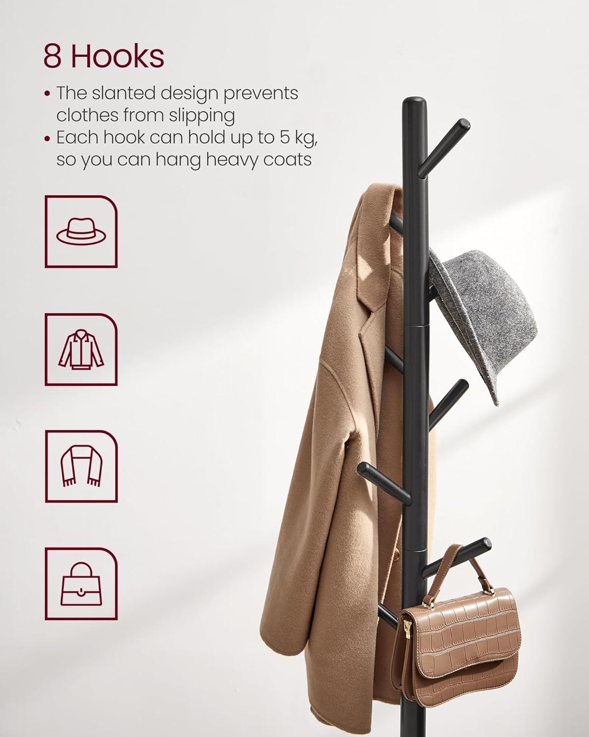 Coat Rack Free Standing, Coat Stand, Hall Coat Tree with 8 Hooks, Black