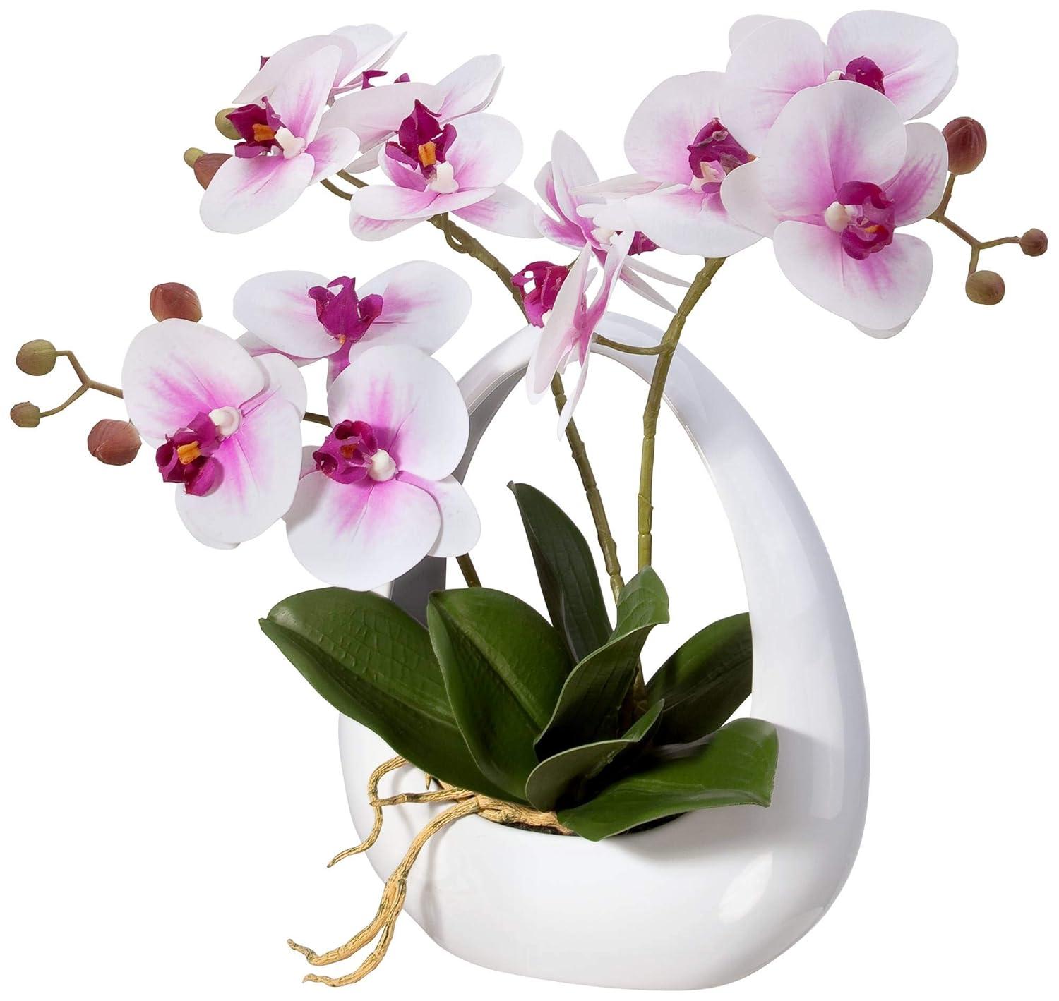 Dahlia Studios Potted Faux Artificial Flowers Realistic Pink White Phalaenopsis Orchid in Pot Home Decoration Living Room 13" High
