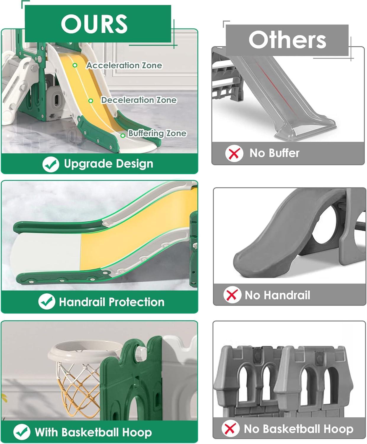 Green and Yellow L-Shaped 7-in-1 Toddler Slide with Basketball Hoop