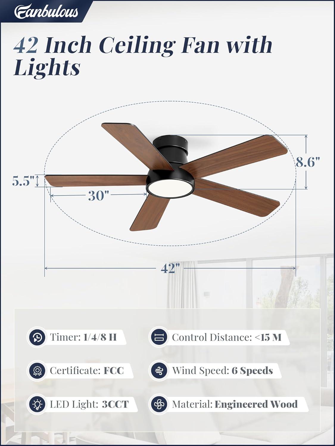 Fanbulous 42 Inch Ceiling Fans with Lights and Remote,Outdoor Indoor Modern Flush Mount Ceiling Fan with 3CCT 6-Speed Quiet DC Motor,Black Small Low Profile Ceiling Fan for Bedroom Living Room Office