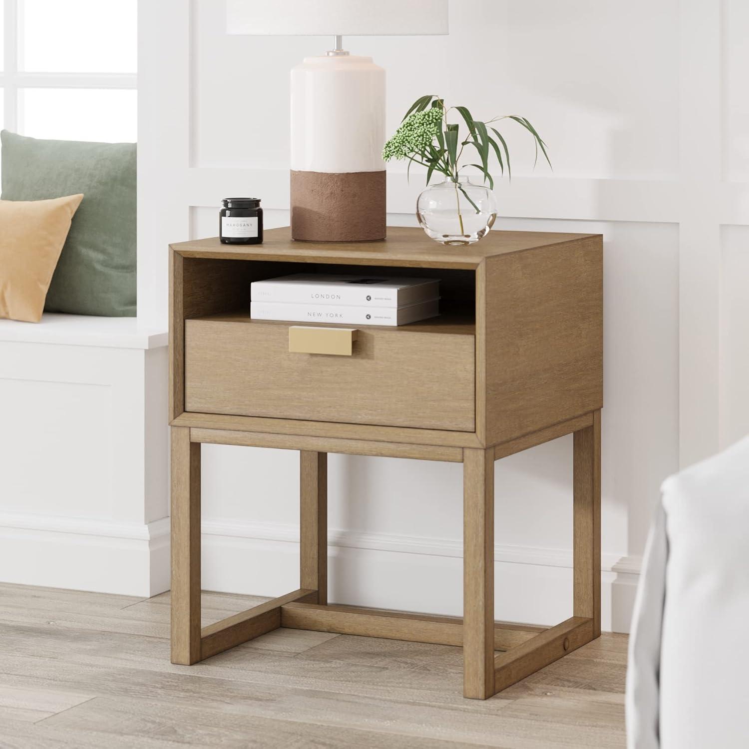 Luke Light Brown Wood Nightstand with Drawer and Open Cubby