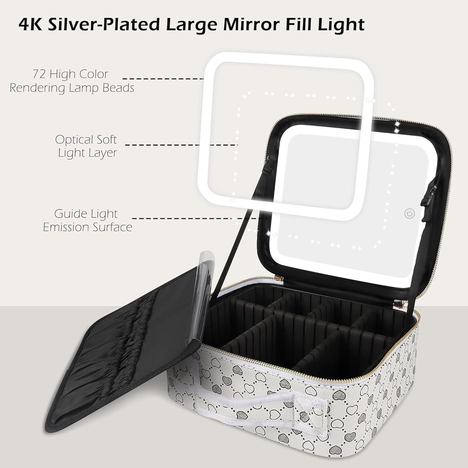 MOMIRA Travel Makeup Bag Cosmetic Bag Makeup Organizer Bag with Large Lighted Mirror 3 Color Scenarios Adjustable Brightness, Waterproof Makeup Travel Case, Large Makeup Train Case Toiletry Gift