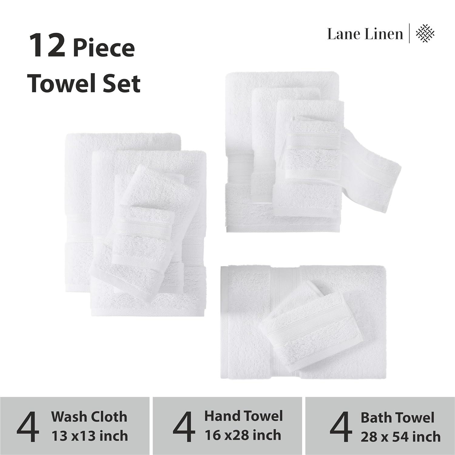 LANE LINEN Luxury Bath Towels Set - 12 Piece, 100% Cotton, Zero Twist, Super Soft & Absorbent, Includes 4 Bath Towels, 4 Hand Towels, 4 Washcloths - White