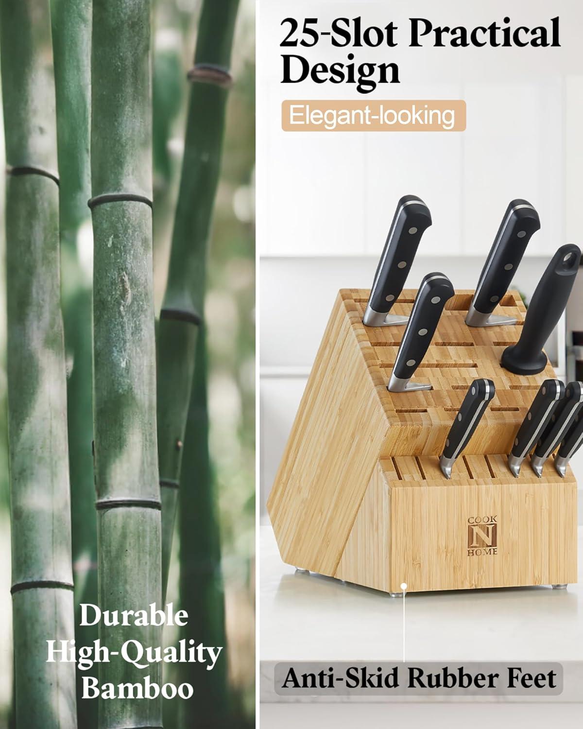 Cook N Home Cook N Home Bamboo Knife Storage Block Without Knives, 25 Slots Universal Knife Holder Countertop Butcher Block Knife Stand For Easy Kitchen Storage