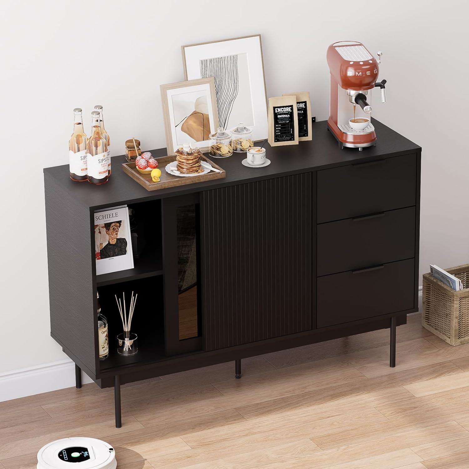 Ebern Designs Ebern Designs Sideboard Anetha, 47" X 31.5" Buffet Anetha With Storage, Black Sideboard With 2 Sliding Doors & 3 Drawers, Wood Coffee Bar Entryway Storage For Living Room