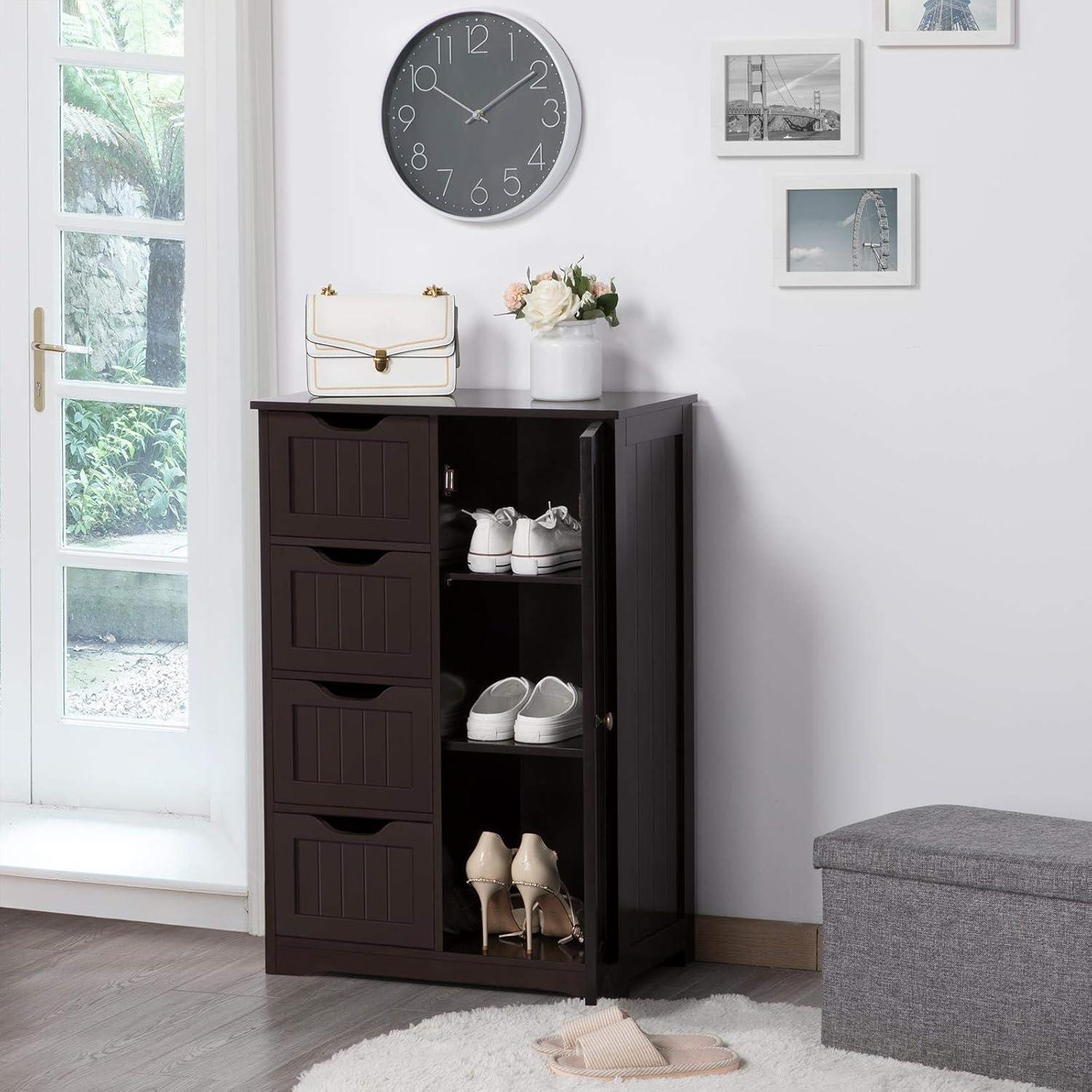CodYinFI Wooden Bathroom Floor Cabinet, Free Standing Side Cabinet w/4 Drawers & 3 Tier Cupboard Storage Organizer Unit Hallway/Entryway Cabinet, Black