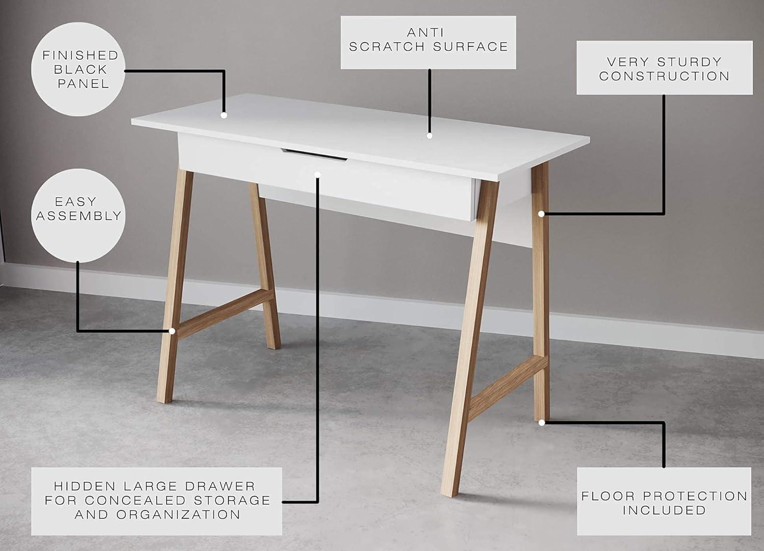 White Rectangular Modern Wood Writing Desk with Drawer